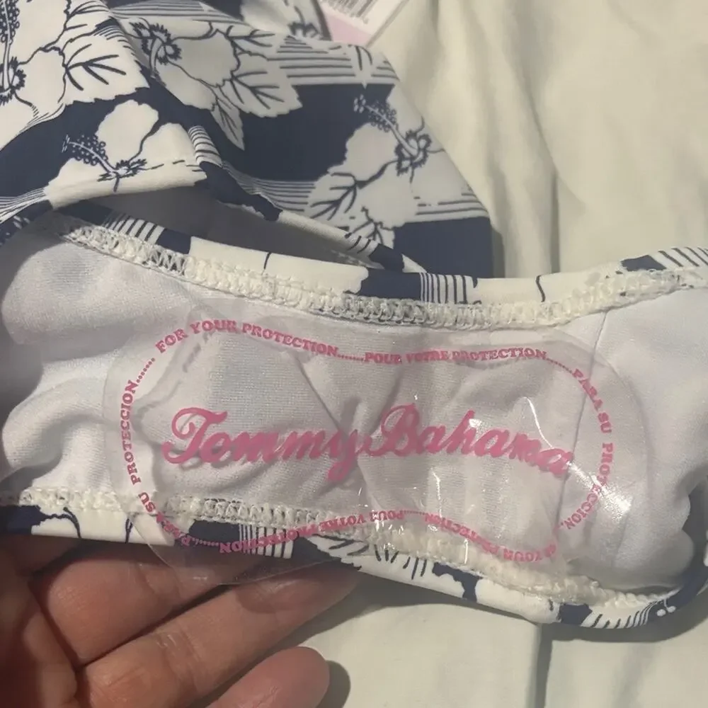 Tommy Bahama 6 Pink white Blue Striped swimsuit swim floral overlay print NWT